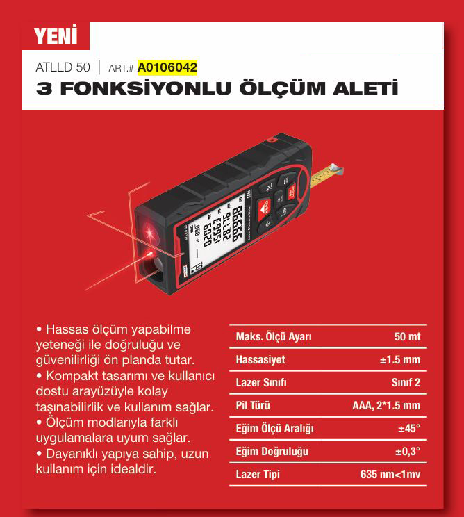 ATTLAS ATLLD 50 3 FONKSIYONLU ÖLÇÜM ALETI LAZER HIZALAMA+LAZER METRE+SERIT METRE)
